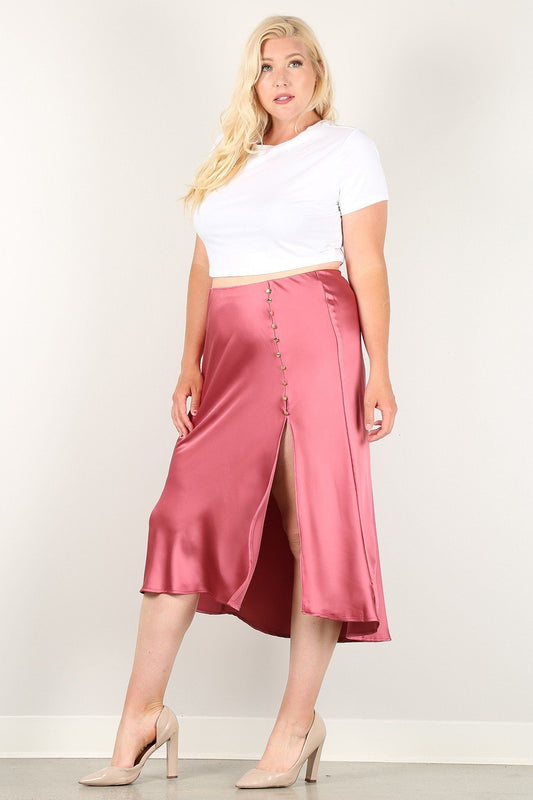 Women's Plus Solid High-waist Skirt With Button Trim And Side Slit