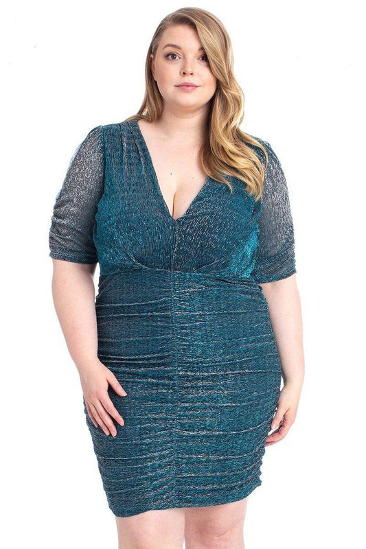 Women's Plus Ribbed Shimmer Shirring Mini Dress