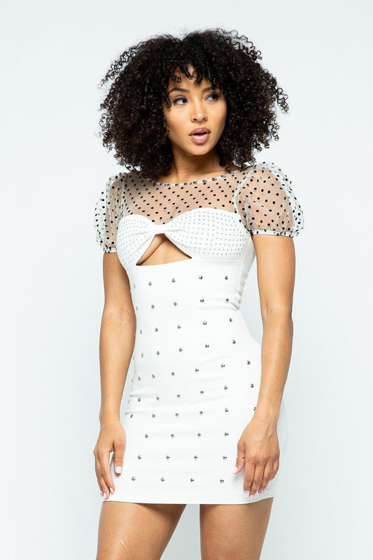 Women's Stretchable Tight Mini Dress With Hot-fix Details And Center Back Open Zippered