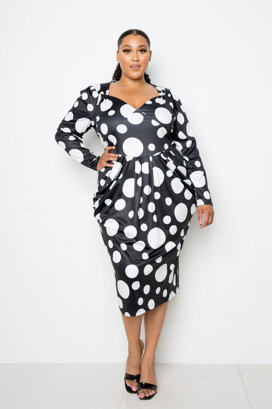 Women's Polka Dot Drop Waist Ruched Midi Dress (3X Only)