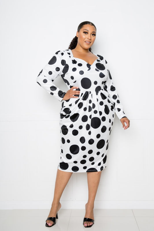 Women's Plus Polka Dot Drop Waist Ruched Midi Dress (3X Only)