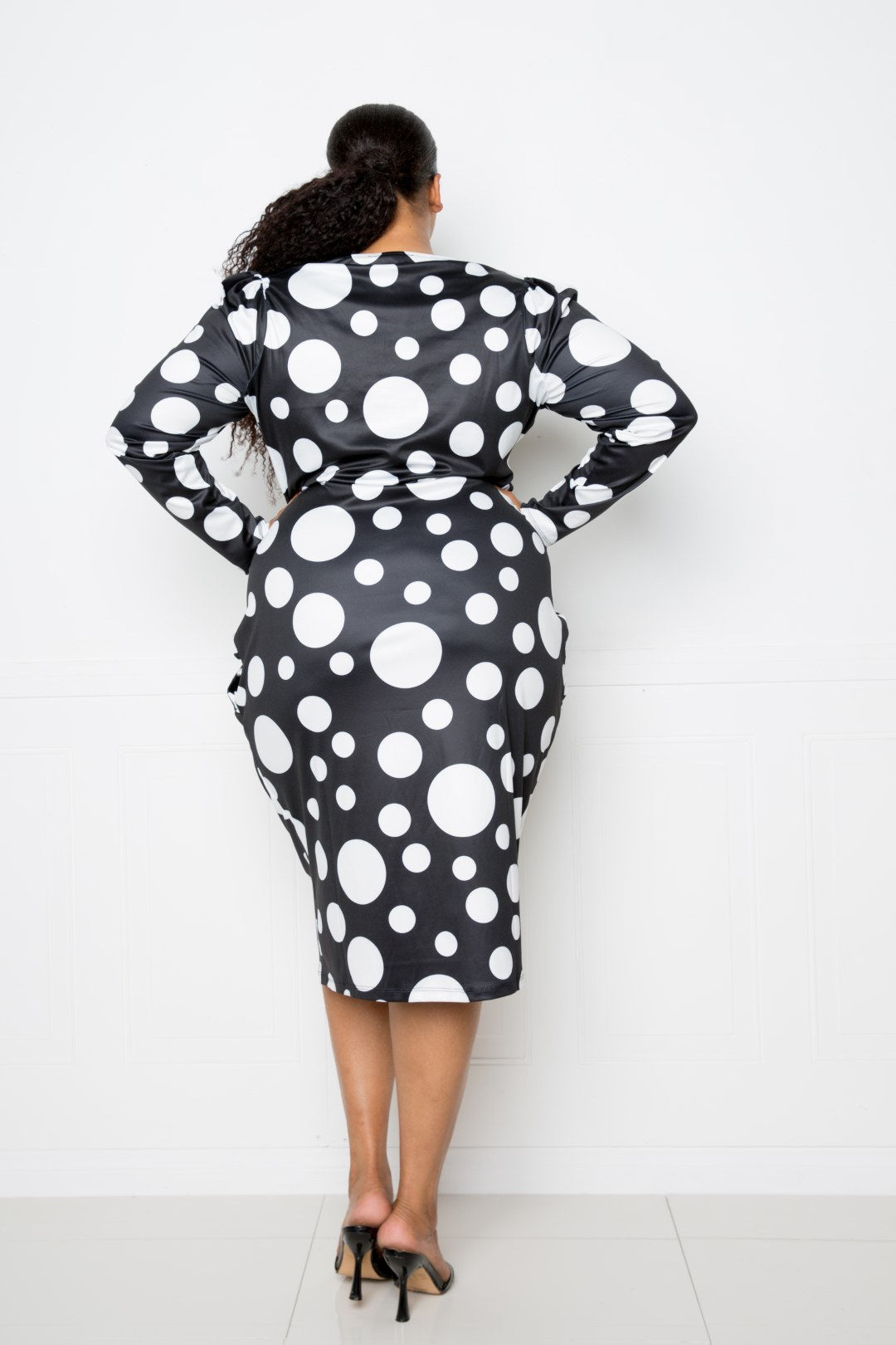 Women's Polka Dot Drop Waist Ruched Midi Dress (3X Only)