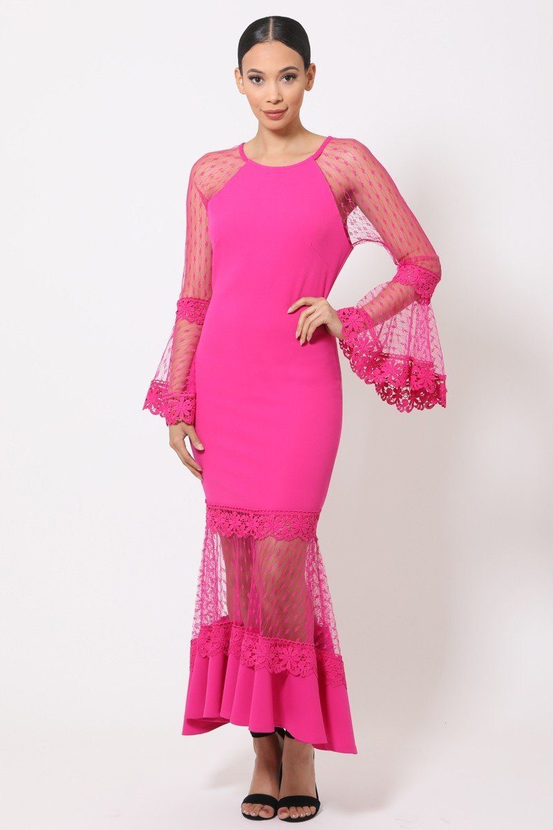 Women's Bell Sleeve Mesh Combined Fashion Long Dress