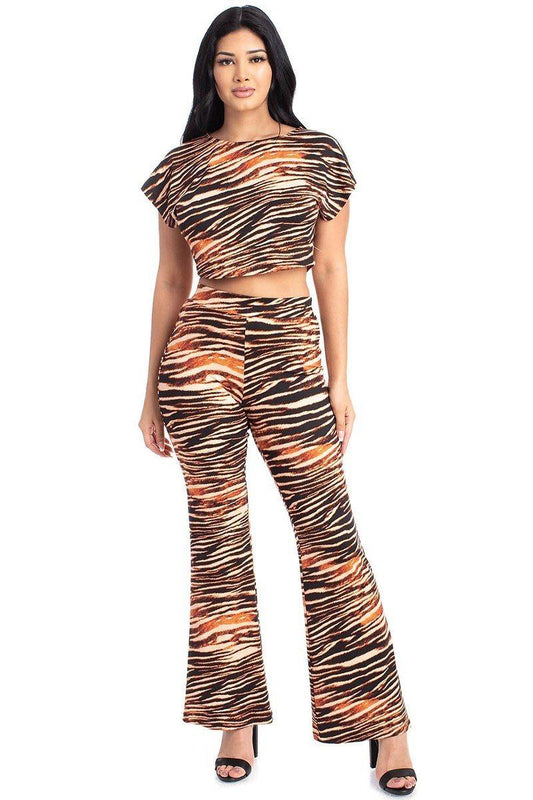 Women's Zebra Print Crop Top And Palazzo Pants Set