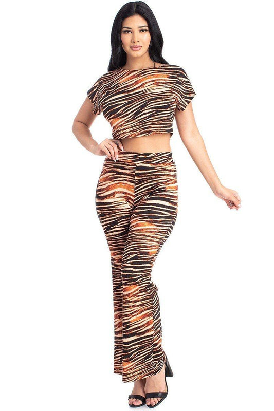 Women's Zebra Print Crop Top And Palazzo Pants Set