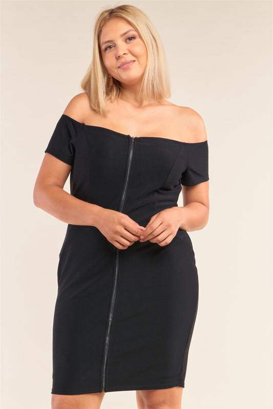 Women's Plus Size Fitted Off-the-shoulder Front Zipper Bodycon Mini Dress (3X Only)