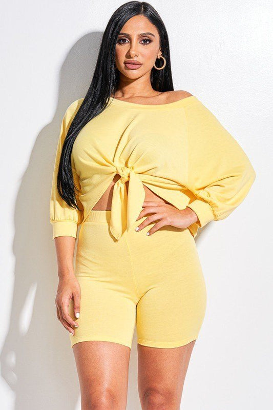 Women's Solid French Terry Tie Front Off The Shoulder Slouchy Top and Shorts Set