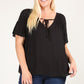 Women's Plus Size Solid Top With A Necktie and Pleated Sleeves