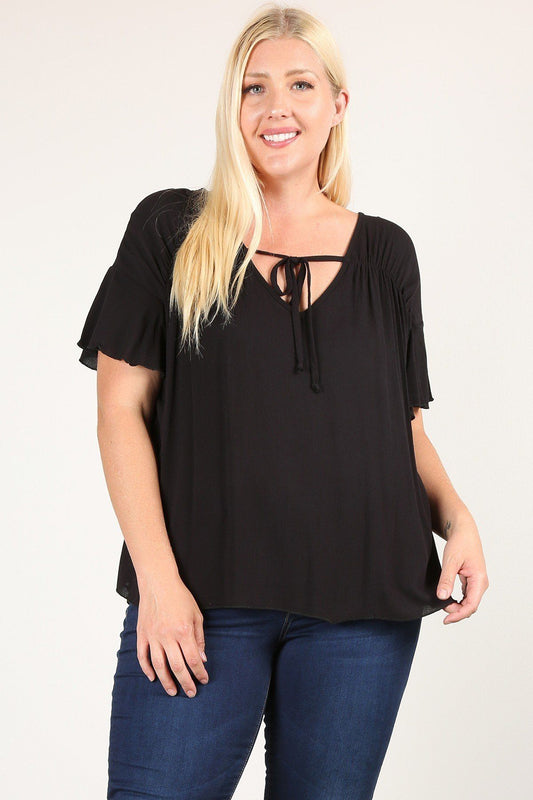 Women's Plus Size Solid Top With A Necktie and Pleated Sleeves