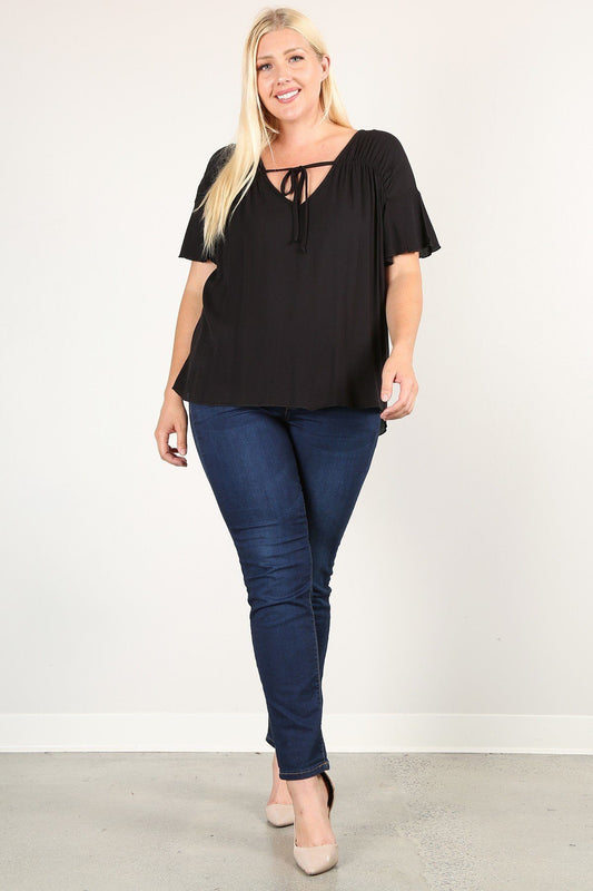Women's Plus Size Solid Top With A Necktie and Pleated Sleeves