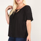 Women's Plus Size Solid Top With A Necktie and Pleated Sleeves