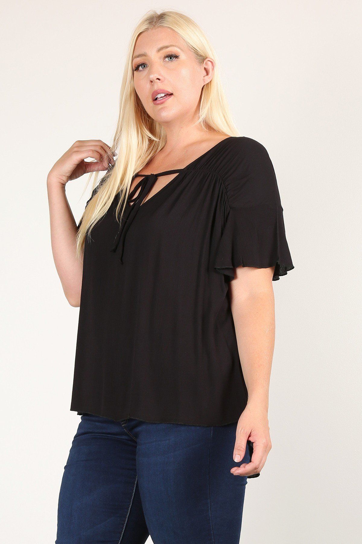 Women's Plus Size Solid Top With A Necktie and Pleated Sleeves