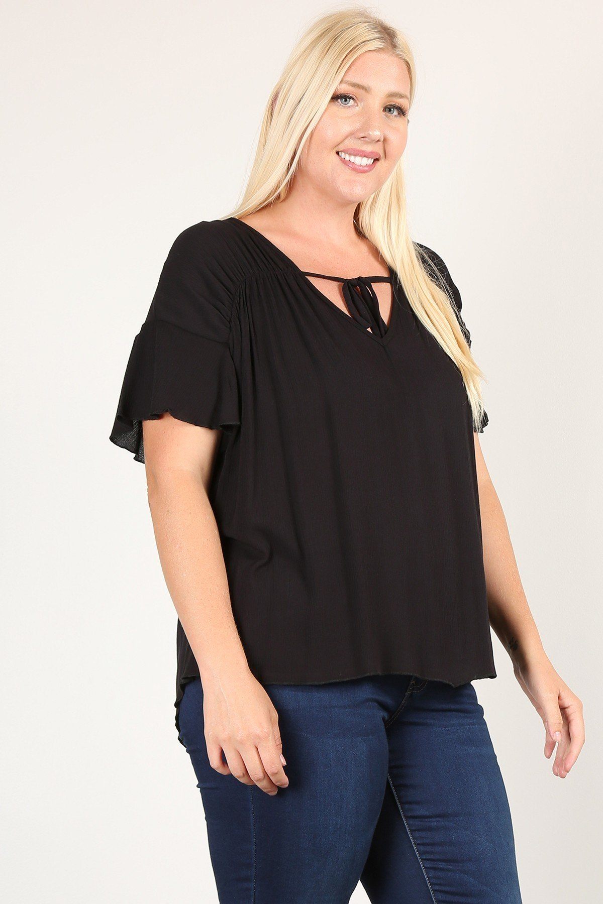 Women's Plus Size Solid Top With A Necktie and Pleated Sleeves
