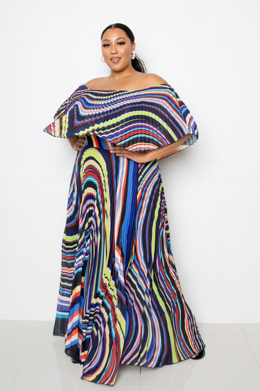 Women's Geo Printed Off Shoulder Plus Pleated Maxi Dress (2X & 3X Only)