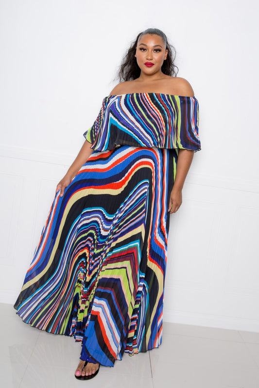 Women's Geo Printed Off Shoulder Plus Pleated Maxi Dress (2X & 3X Only)