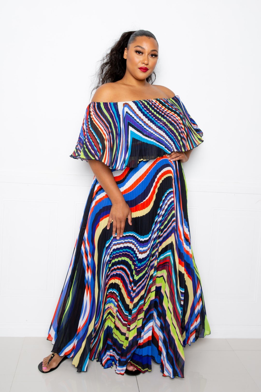 Women's Geo Printed Off Shoulder Plus Pleated Maxi Dress (2X & 3X Only)