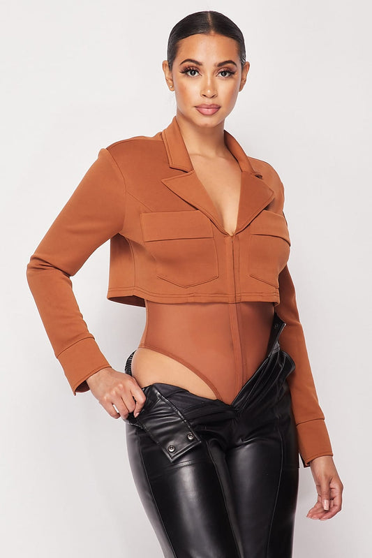 Women's Deep-v Cropped Power Shoulder Blazer Bodysuit