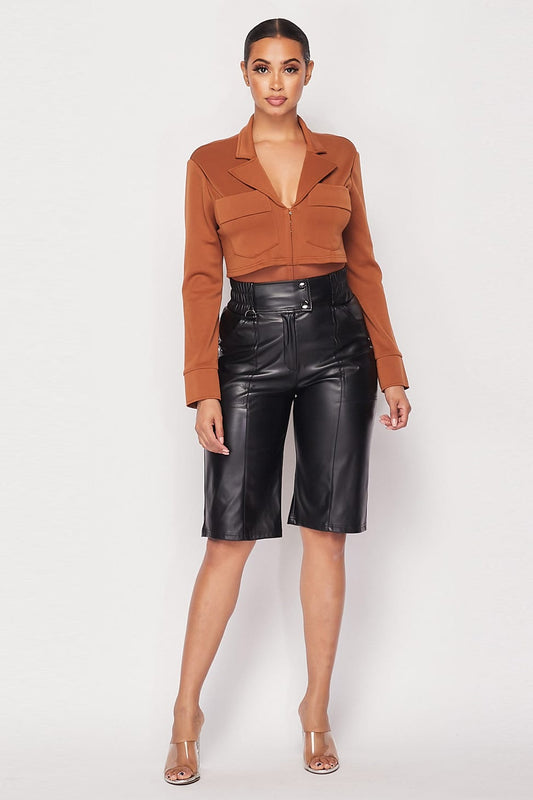 Women's Deep-v Cropped Power Shoulder Blazer Bodysuit
