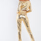 Women's Metallic Small Scales Print Long Sleeve Off-the-shoulder Cropped Top And High Waist Slim Fit Legging Set
