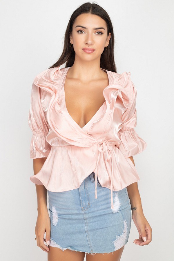 Women's Surplice Short Sleeve Ruffle Top (S Only)