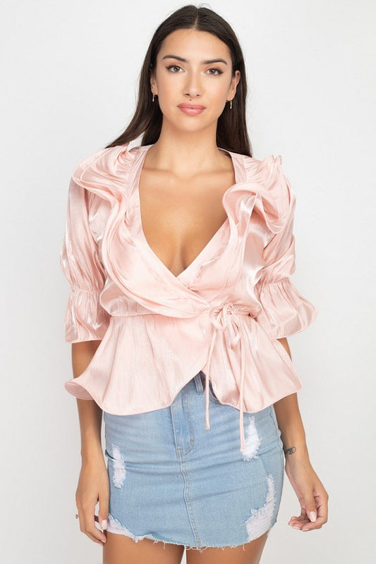 Women's Surplice Short Sleeve Ruffle Top (S Only)