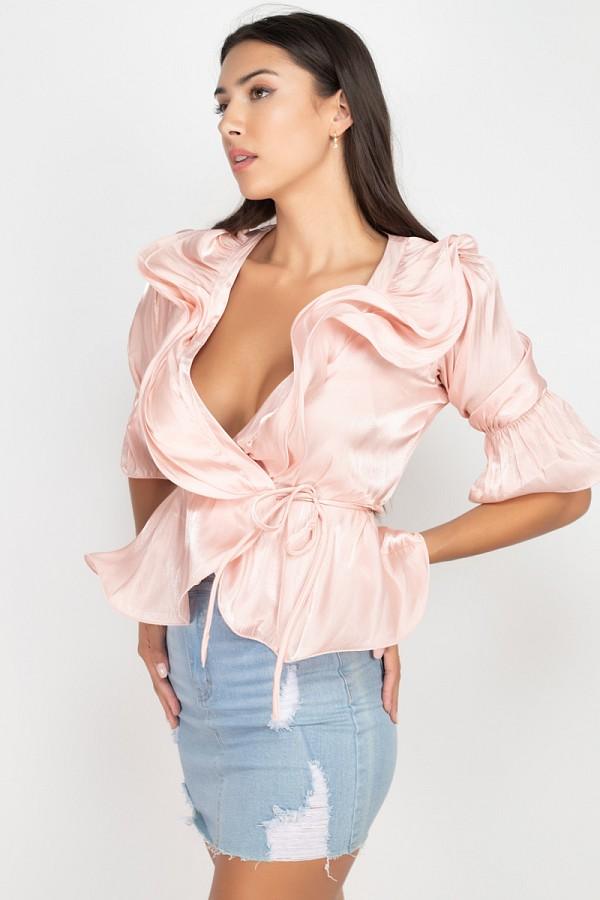 Women's Surplice Short Sleeve Ruffle Top (S Only)