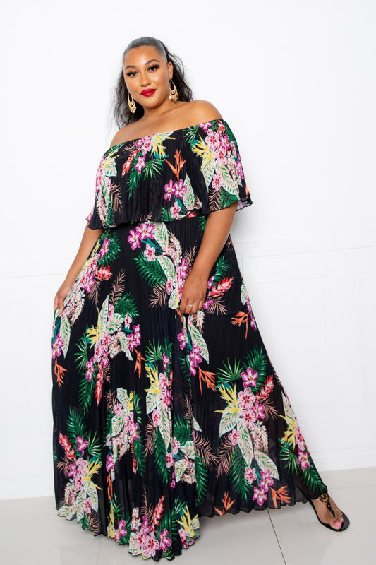 Women's Tropical Printed Off Shoulder Pleated Plus Maxi Dress (2X Only)