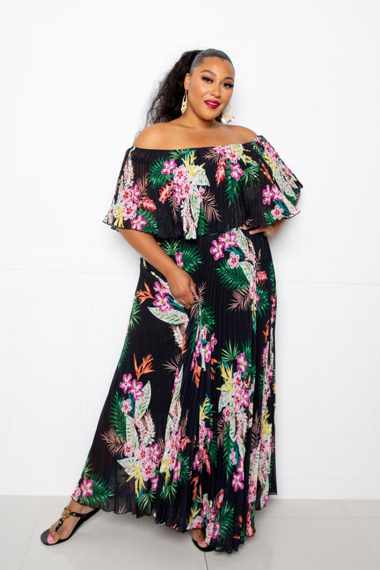 Women's Tropical Printed Off Shoulder Pleated Plus Maxi Dress (2X Only)