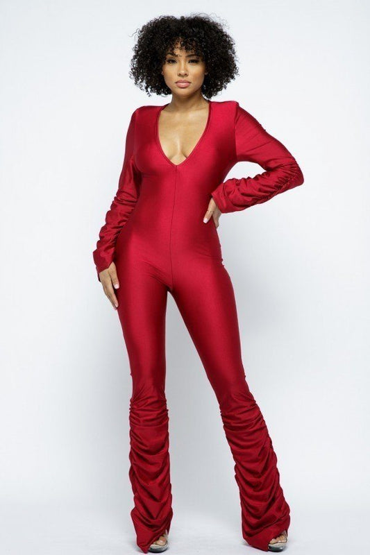 Women's Yoga Shoulder Padded Ruched Stacked Jumpsuit