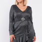 Women's Plus Long Sleeve V-neck Asymmetrical Wrap Rhinestone Buckle Mini Dress (3X Only)