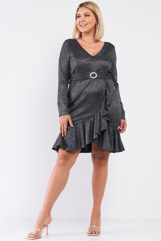 Women's Plus Long Sleeve V-neck Asymmetrical Wrap Rhinestone Buckle Mini Dress (3X Only)