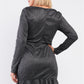 Women's Plus Long Sleeve V-neck Asymmetrical Wrap Rhinestone Buckle Mini Dress (3X Only)
