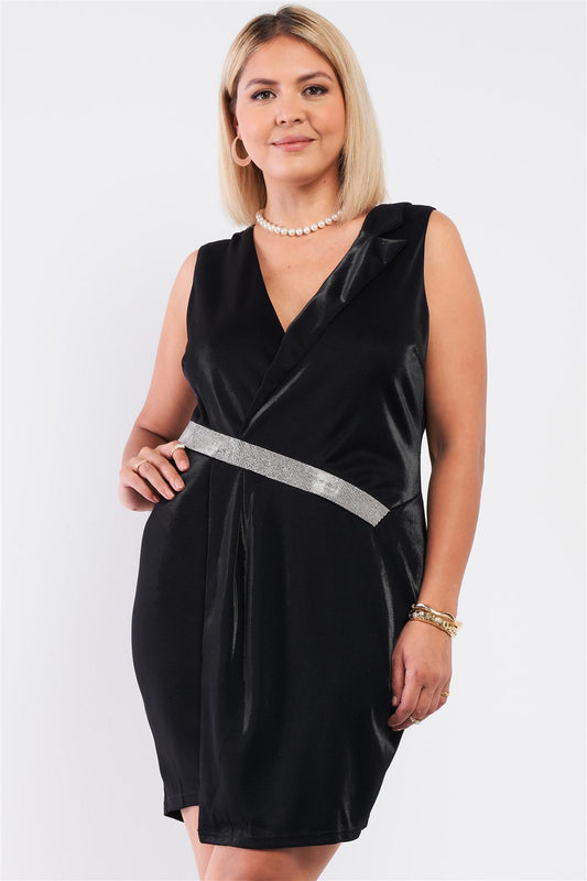 Women's Sleeveless V-neck Asymmetrical Wrap Rhinestones Dress (3X Only)