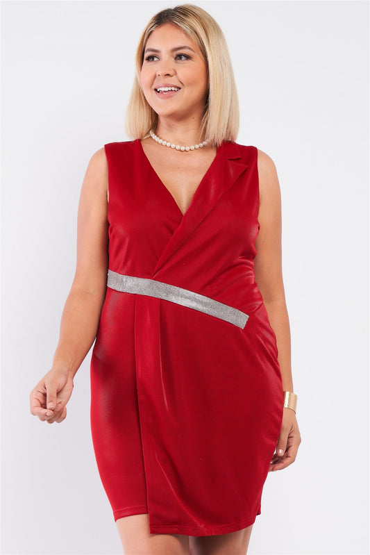 Women's Sleeveless Plus V-neck Asymmetrical Wrap Rhinestones Dress (2X & 3X Only)