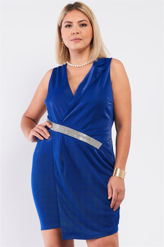 Women's Sleeveless V-neck Plus Asymmetrical Wrap Rhinestones Dress (2X & 3X Only)
