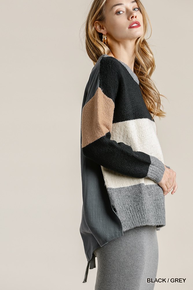 Women's Color Block Contrasted Cotton Fabric On Back Top With Side Slits And High Low HemWomen's