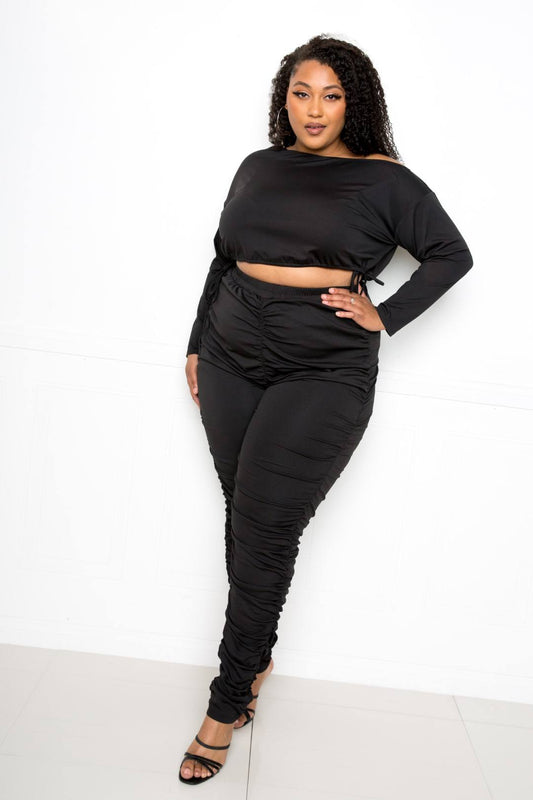 Women's Off Shoulder Plus Cropped Top And Ruched Leggings Sets (2X & 3X Only)