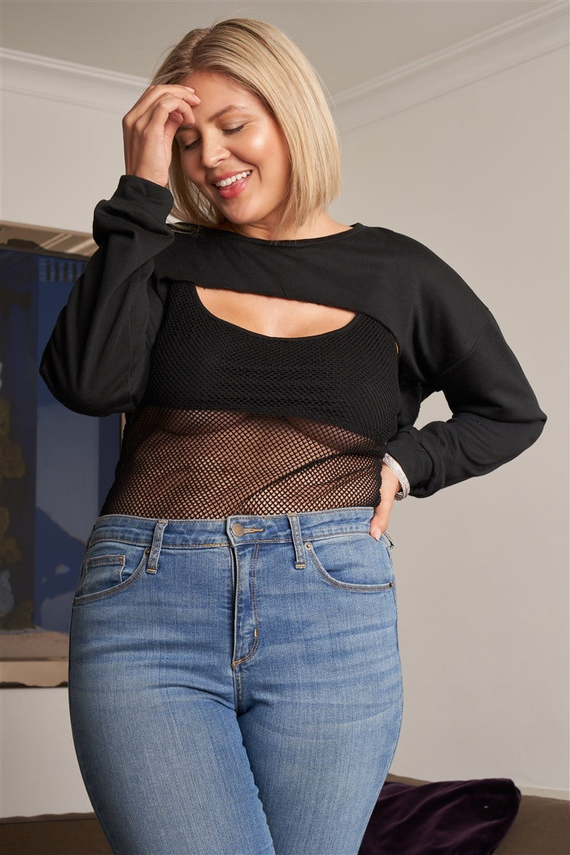 Women's Women's Plus Black Raw Hem Long Sleeve Crop Sheer Bodysuit (3X Only)