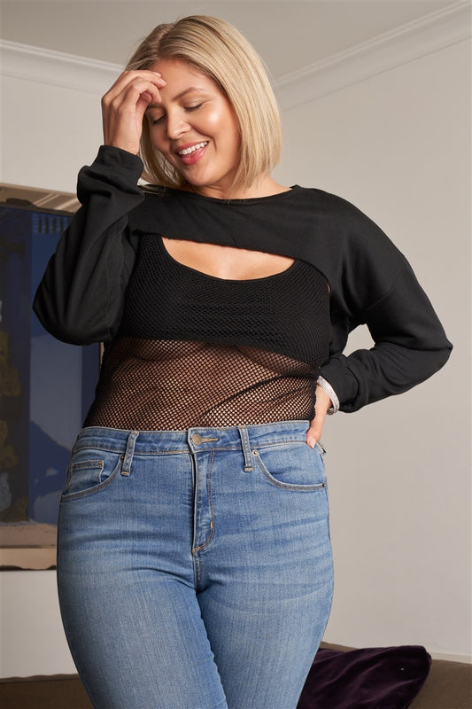 Women's Women's Plus Black Raw Hem Long Sleeve Crop Sheer Bodysuit (3X Only)