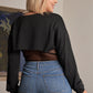Women's Women's Plus Black Raw Hem Long Sleeve Crop Sheer Bodysuit (3X Only)