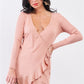 Women's Tan Blush Ribbed Deep Plunge V-neck Asymmetrical Wrap Flare Hem Dress