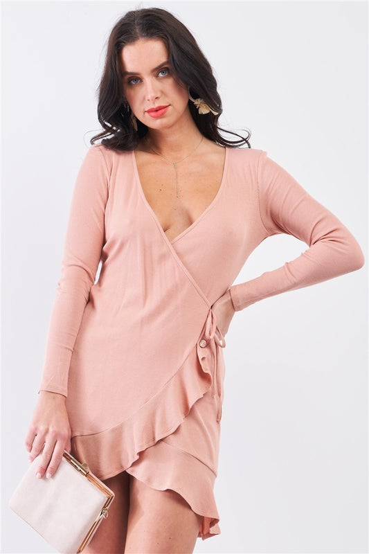 Women's Tan Blush Ribbed Deep Plunge V-neck Asymmetrical Wrap Flare Hem Dress