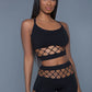Women's 2 pc silk fishnet set that includes a tank crop top with criss-cross cami straps and a pair of high waisted booty shorts