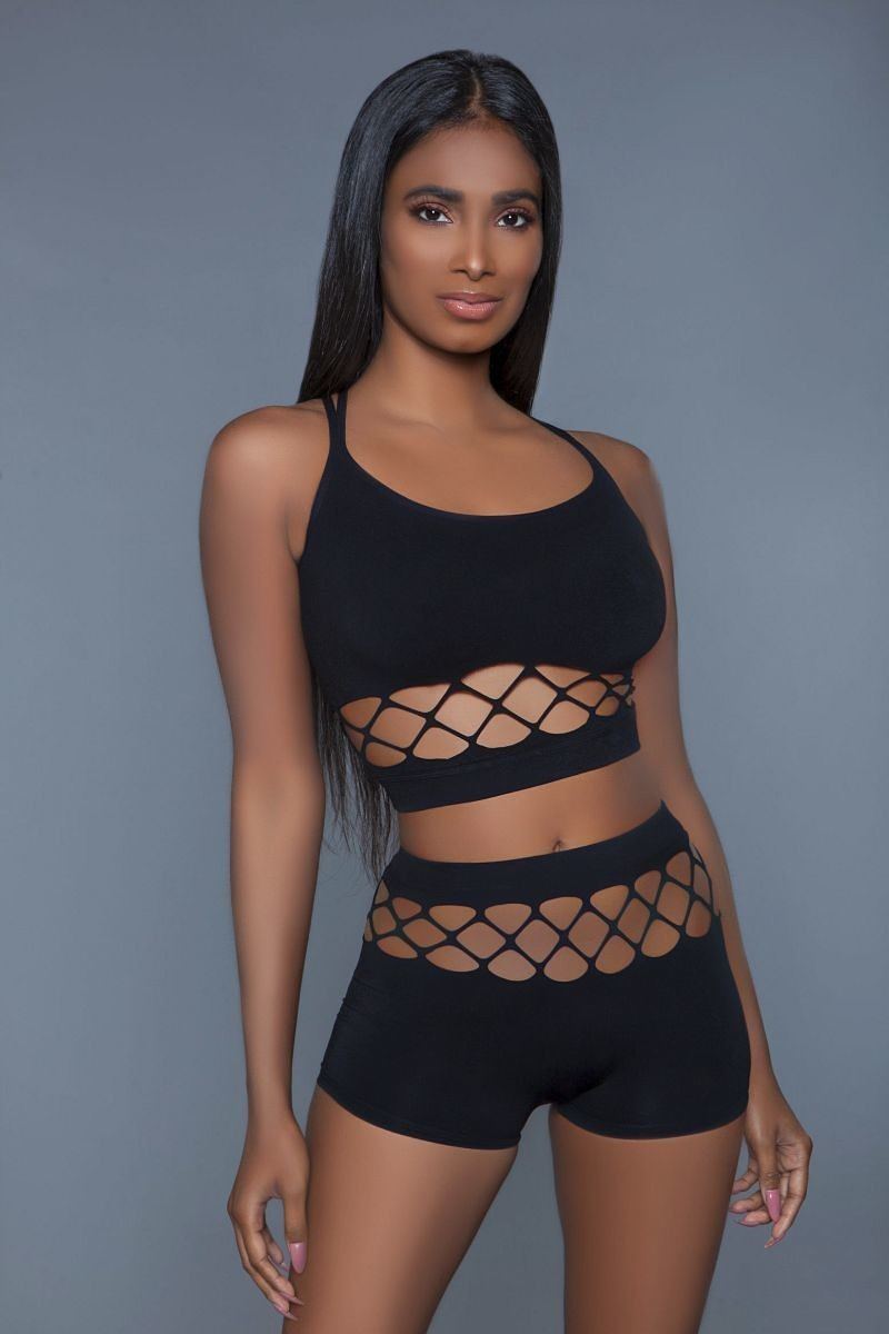 Women's 2 pc silk fishnet set that includes a tank crop top with criss-cross cami straps and a pair of high waisted booty shorts