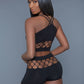 Women's 2 pc silk fishnet set that includes a tank crop top with criss-cross cami straps and a pair of high waisted booty shorts