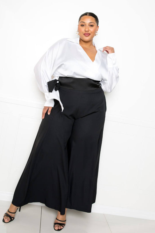 Women's Satin Long Sleeve Tie Waist Plus Wrap Top