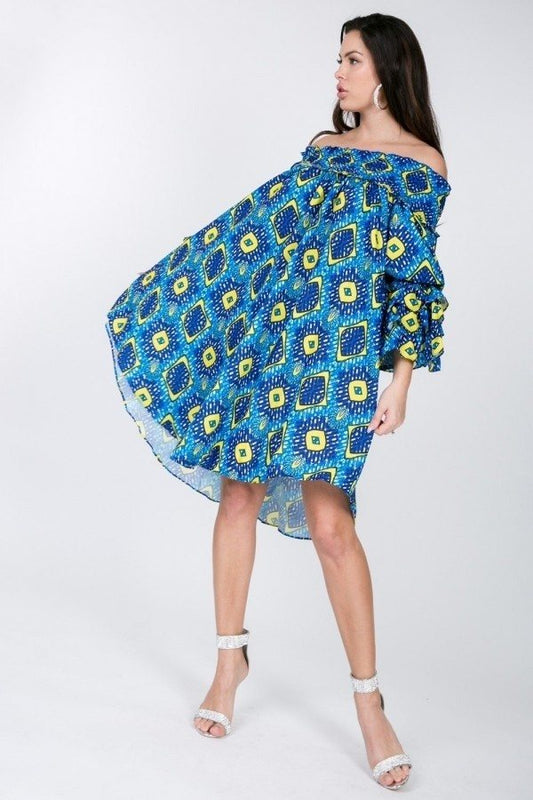 Women's Puffy Ruffle Sleeve Smocking Off Shoulder Print Midi Dress