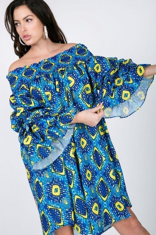 Women's Puffy Ruffle Sleeve Smocking Off Shoulder Print Midi Dress