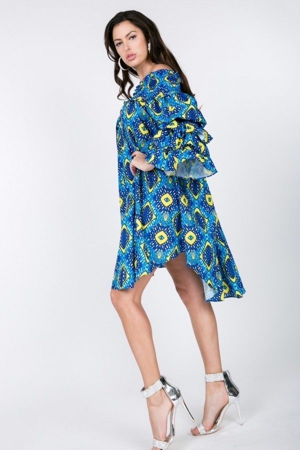 Women's Puffy Ruffle Sleeve Smocking Off Shoulder Print Midi Dress