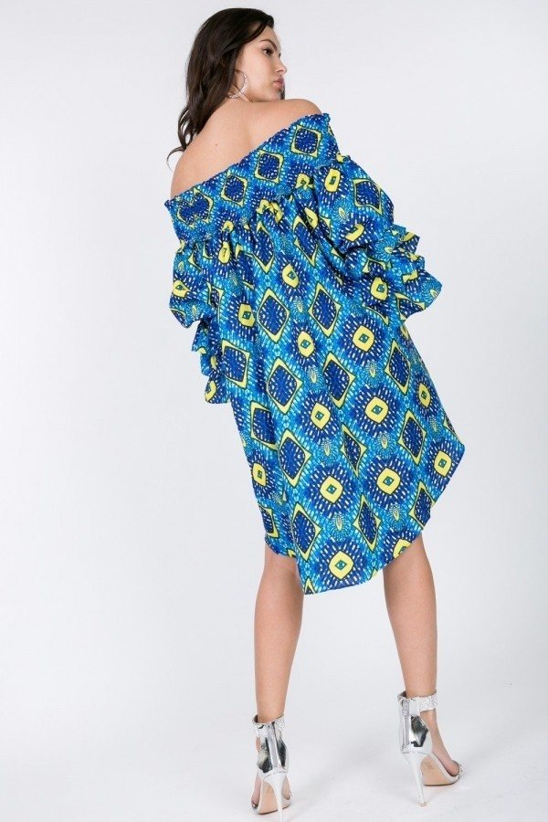 Women's Puffy Ruffle Sleeve Smocking Off Shoulder Print Midi Dress